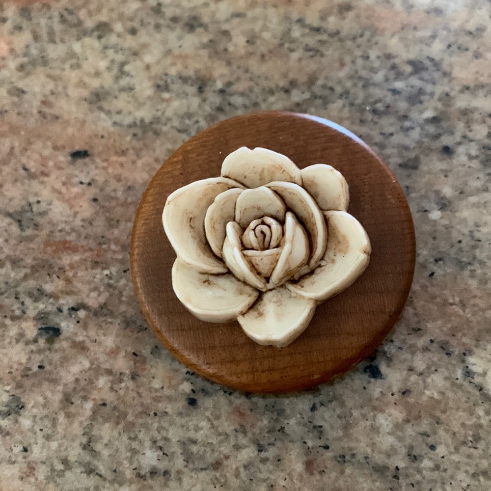 Wood and Ivory Style Rose Sculpture Brooch